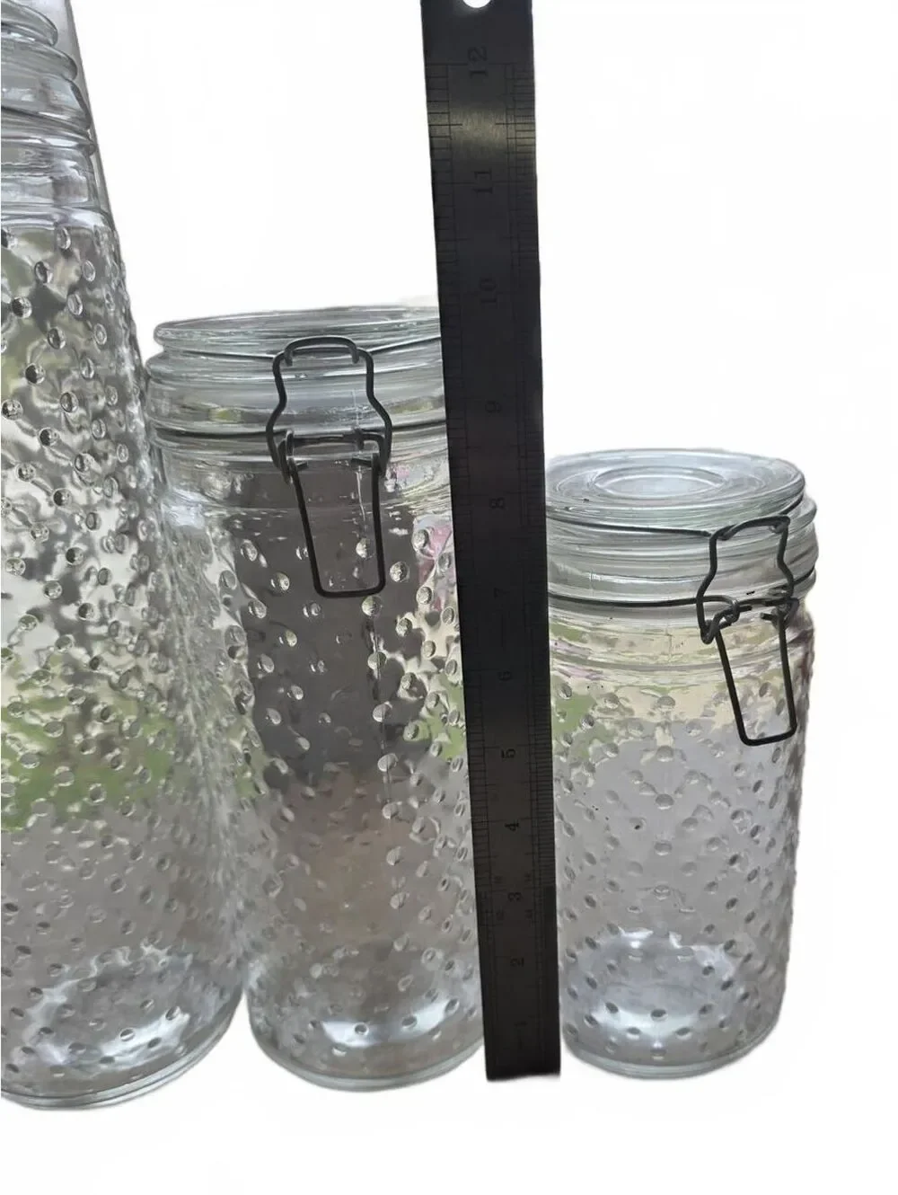 Set of 3 Clear Hobnail Glass Canisters Wire Bail Clamp Lids